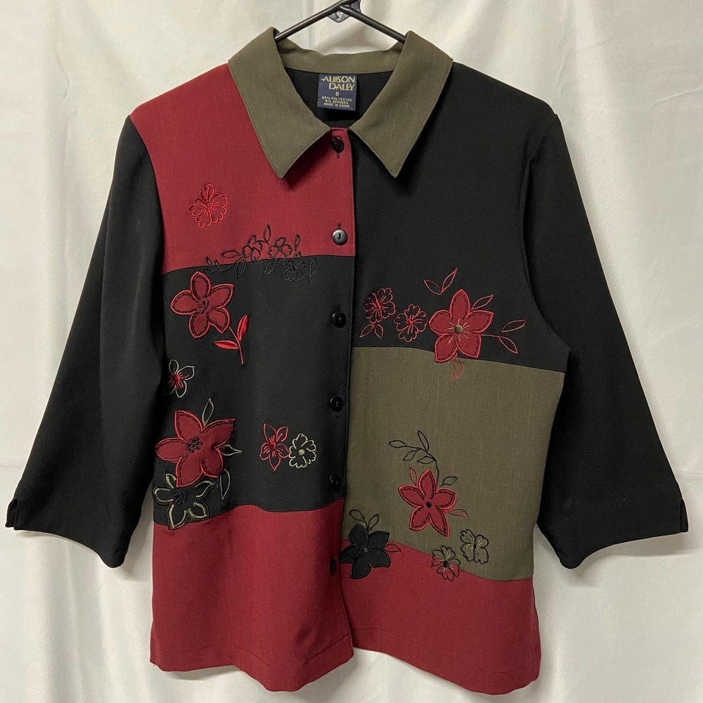 Allison Daley Blouse Jacket Top Size 8 Burgundy Green Black